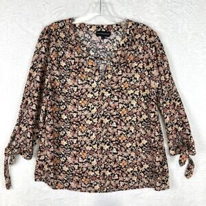 Cynthia Rowley Womens L Prairie Floral Orange Black 3/4 Sleeve Shirt Boho Preppy